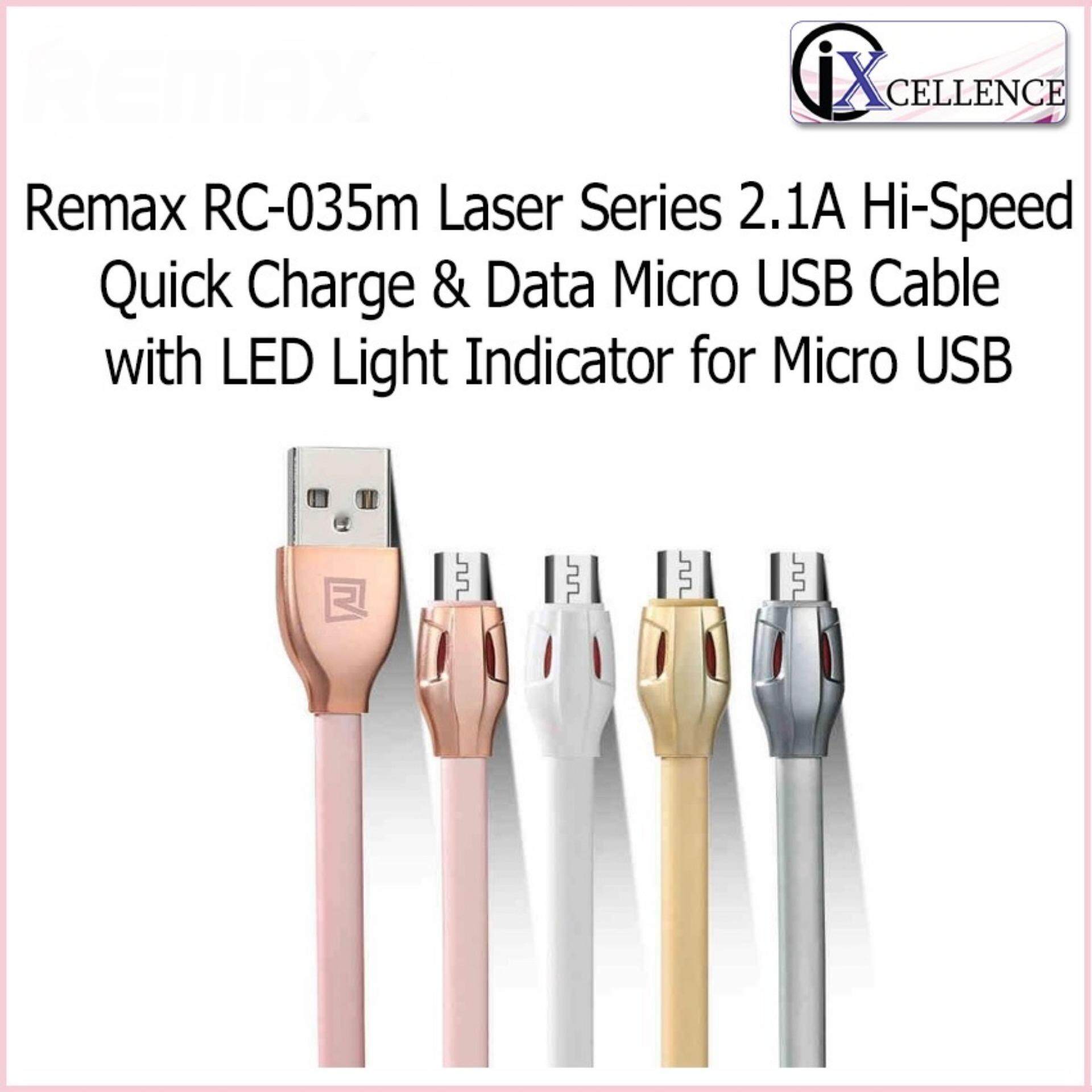 [IX] Remax RC-035m Laser Series 2.1A Hi-Speed Quick Charge & Data Micro USB Cable with LED Light Indicator (White)