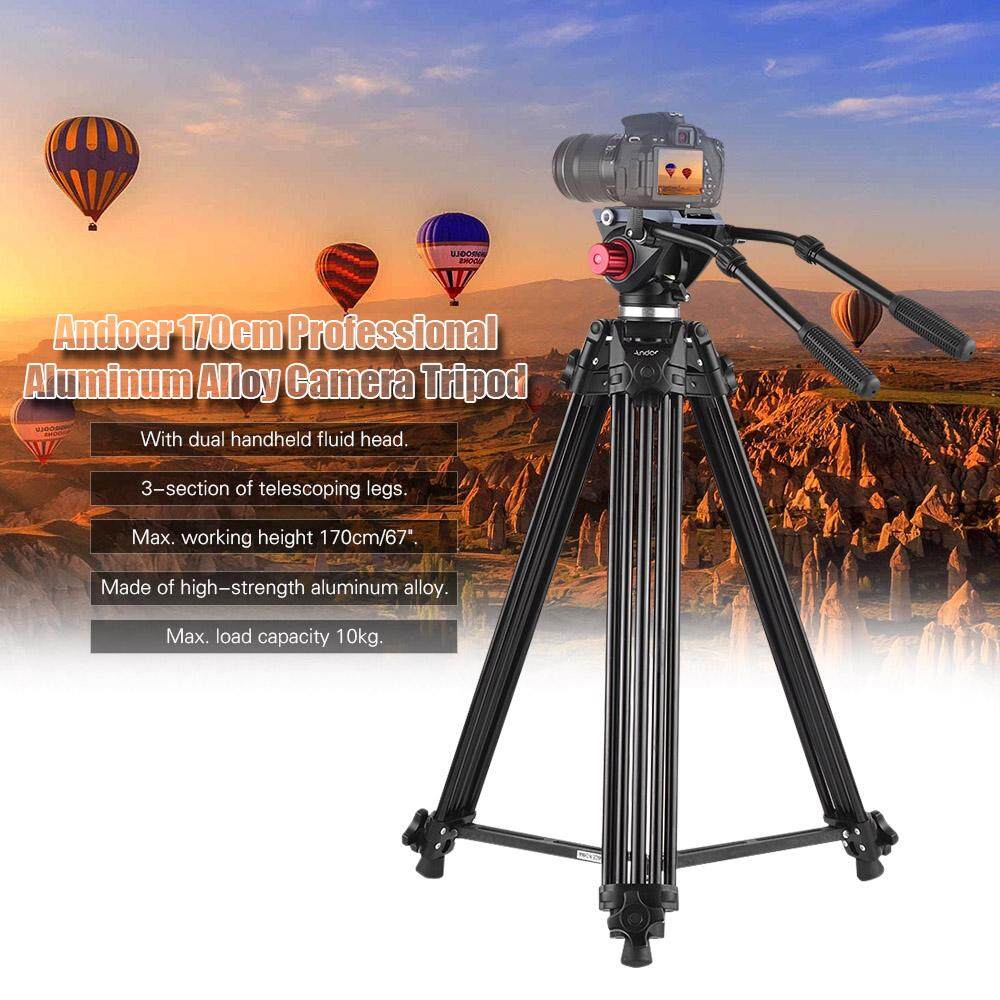 Andoer Profesional Aluminium Paduan Video Kamera Tripod dengan Ganda Ditangani Fluid Kepala Hidrolik untuk Canon Nikon Sony Kamera Perekam Kamera DSLR tinggi Maksimum 170 Cm/67