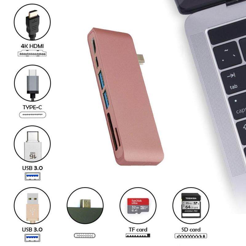 linxing Type-C USB 3.0 6 In 1 Combo Hub For Laptops, Aluminum Multi-Port Adapter With USB-C Charging Port, Type-C Pass Through, 2 USB 3.0 Ports, HDMI 4KSD/Micro Card Reader (Rose)