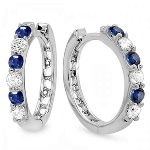 14 K Putih Gold Sepanjang Biru Safir & Putih Berlian Wanita Huggies Hoop Anting-Anting-Internasional