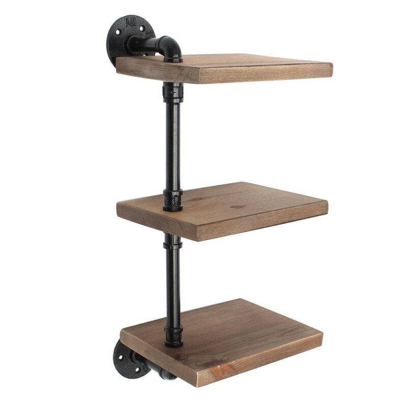 3 Tiers Industrial Wall Mount Iron Pipe Shelf Retro Rustic Urban Wooden Shelving
