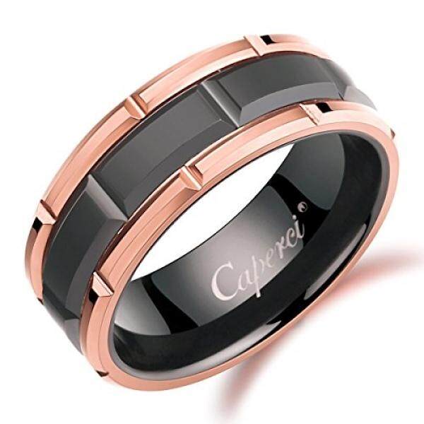 Caperci Pria 8 Mm Hitam Cincin Cincin Tungsten dengan Pola Bata & Mawar Gold Pelek, UKURAN 13-Internasional