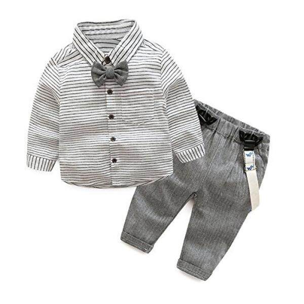 Tem Doger Tem Doger Baby Boys Long Sleeve Woven Striped Shirt+Bowtie+Suspender Pants With Straps Outfit - intl