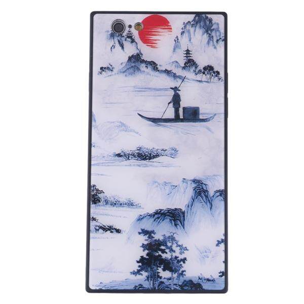 China Style Square Glass Phone Case Blue and White Porcelain Phone Shell for iPhone 6S Plus (Fisherman's Song)