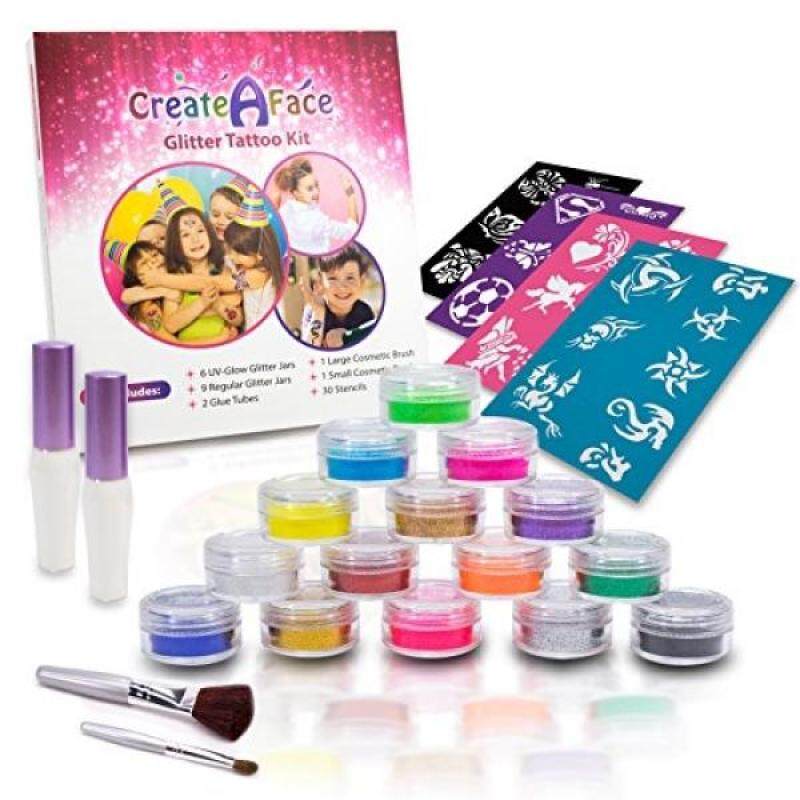 Buy Create A Face Glitter Temporary Body Tattoo Kit - 15 Hypoallergenic Glitter Colors, 32 Cool Stencils, 2 Glue Applicator Bottles & 2 Cosmetic Brushes for Children and Teenagers, Perfect For A Party - intl Singapore