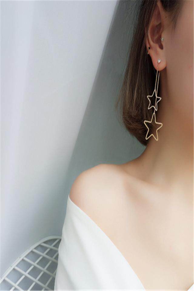 Korea Temperamen Sederhana Panjang Kepribadian Liar Bintang Garis Telinga Lima Menunjuk Bintang Rambut Pendek Anting-Anting Anting-Anting Anting-Anting Anting-Anting Wanita (Emas Ganda Harga Bintang) -Internasional