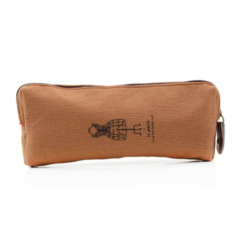 Ubest Kanvas Lawas Paris Casing Pena Pensil Make Up Kosmetik Dompet Koin Tas dengan Ritsleting Coklat-Internasional