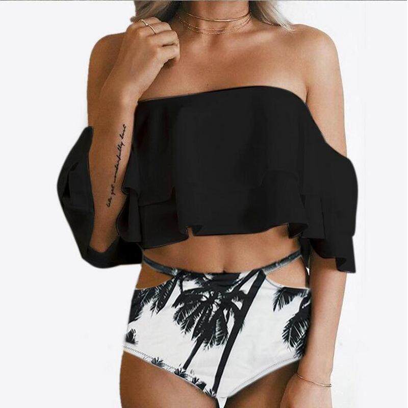 Panda Online Dua Sepotong Set dari Bahu Baju Renang Baju Renang Wanita Padded Ruffle Renang Setelan Seksi