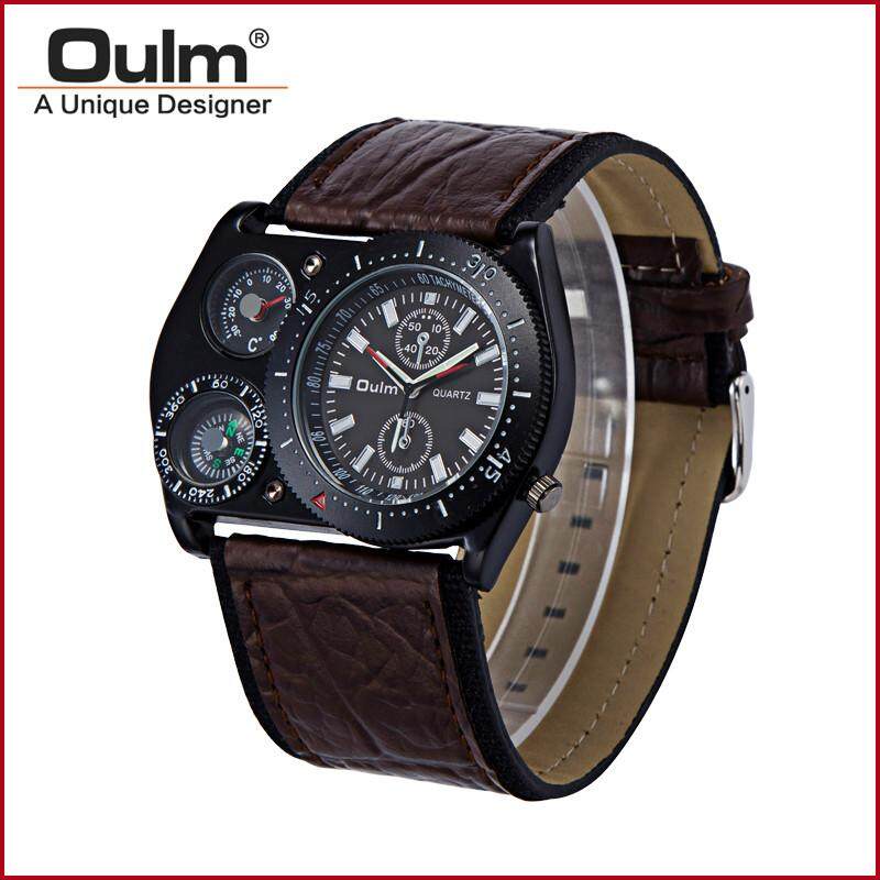Oulm 4094 Pergelangan Tangan Jam Tangan Pria Kuarsa Militer Kulit Olahraga Kompas Termometer Dekorasi Satu Zona Waktu dengan Lebar Leatheroid Sabuk Analog arloji HP4094