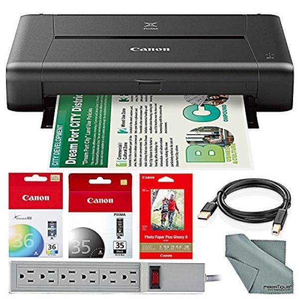 CANON PIXMA iP110 Wireless Mobile InkJet Printer w/ With Airprint(TM) And Cloud Compatible and 100 Sheet Photo Paper Accessory Bundle with 6-Outlet Strip + USB Cable + Fibertique Cloth
