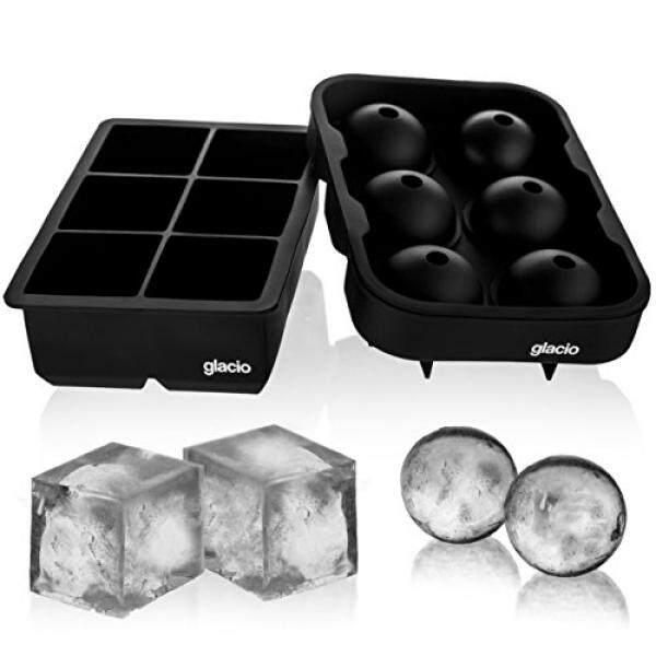 glacio Ice Cube Trays Silicone Combo Mold - Set of 2, Sphere Ice Ball Maker with Lid & Large Square Molds, Reusable and BPA Free - intl
