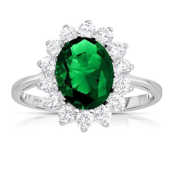Sterling Silver Rich Green Emerald CZ with White CZ Helo Jacket Princess Diana Kate Middleton Engagement Ring (5) - intl