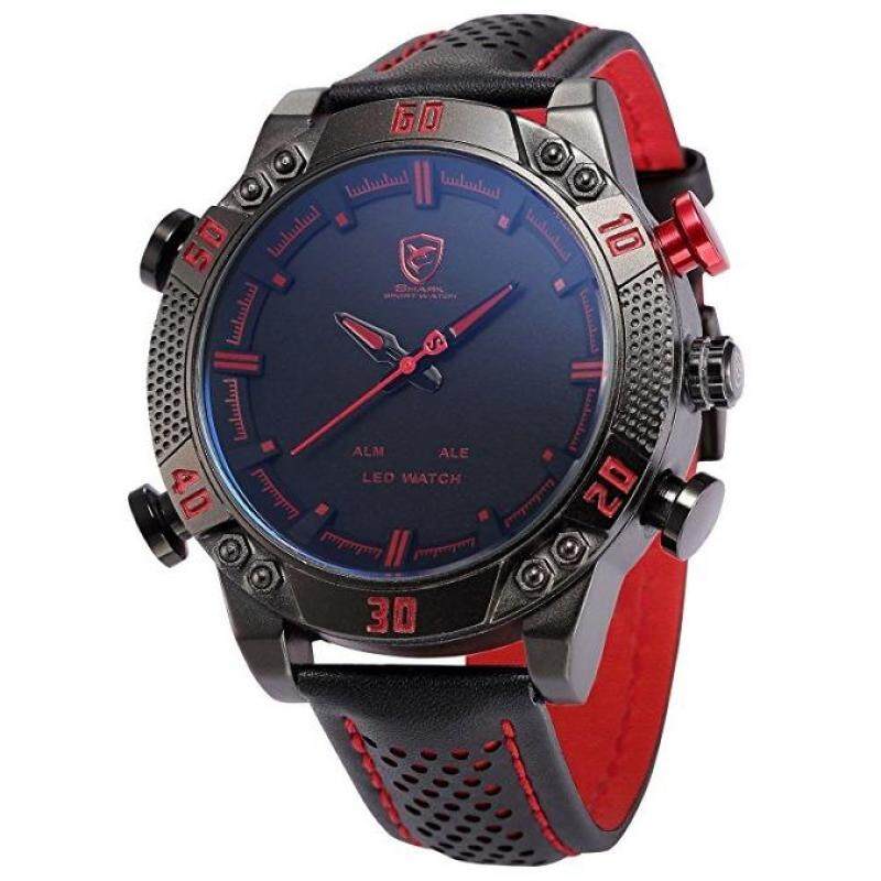 SHARK Mens LED Date Day Watch, SHARK SPORT WATCH - Alarm Digital Dual Display Analog Dial Quartz Black Leather Band Wrist Watch, Holiday Gift Malaysia