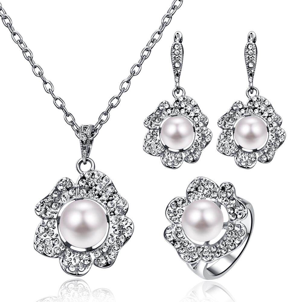 3 Pcs/set Simulated Mutiara Perhiasan Set Biru Bunga Kalung Anting-Anting Lingkaran Set untuk Wanita Pengantin Bijoux Pernikahan Aksesoris-Internasional