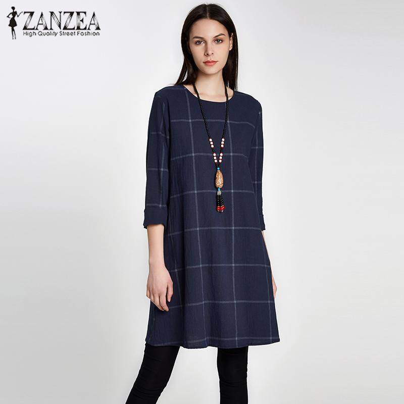 ZANZEA Fashion Women Autumn Winter O Neck Long Sleeve Plaid Dresses Plus Size Navy