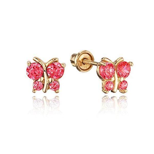 14 K Kuning Emas Kupu-kupu Merah Kubik Zirkonia Anak-anak Screwback Bayi Perempuan Stud Anting-Anting-Internasional