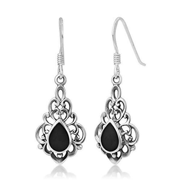 925 Perak Berkilau Bali Terinspirasi Vintage Batu Permata Onyx Hitam Kerawang Menjuntai Anting-anting Kait-Intl