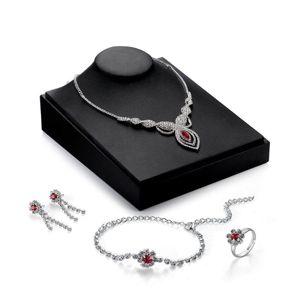 Elegan Set Perhiasan Pengantin Kristal Berlian Buatan Berlapis Perak Mata Merah Liontin Kalung Anting-Anting Gelang Cincin untuk Pesta Pernikahan 61174378- internasional