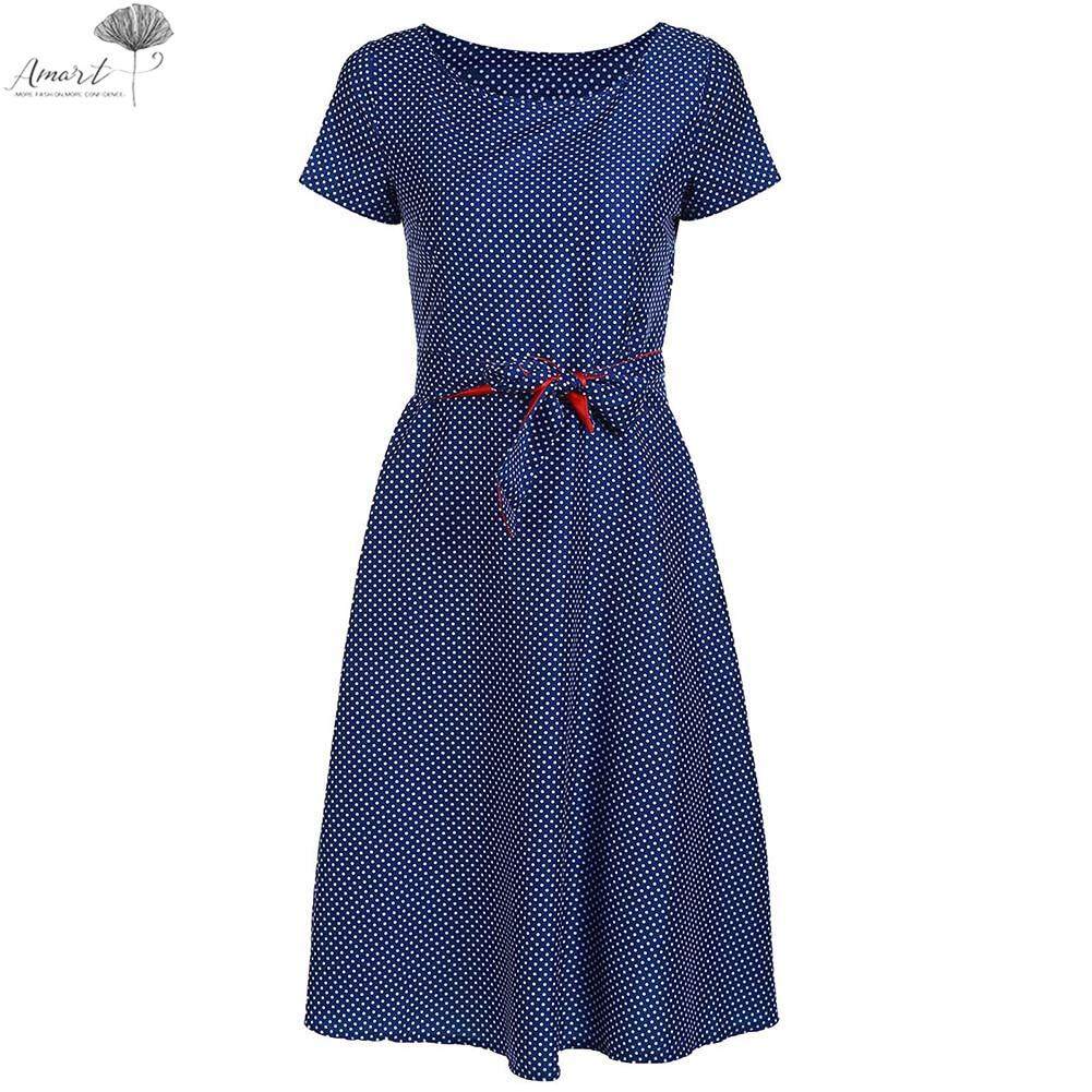 Amart Fashion Women Long Dress Short Sleeve Dots Printed Hight Waisted Elegant Dresses