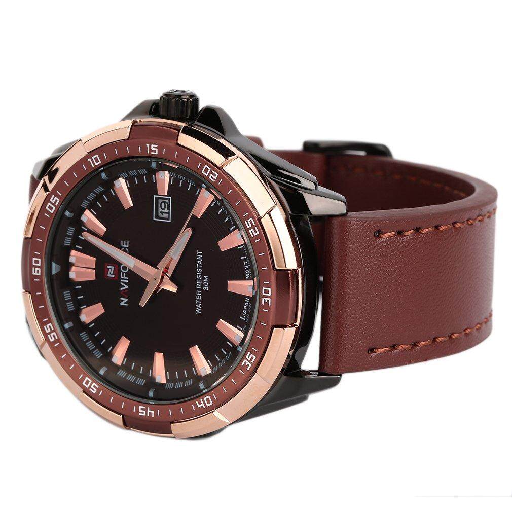 Allwin Masculino Tali Kulit Jam Kuarsa Jam Tangan Pria NAVIFORCE NF9056 Mawar Emas Case And Coklat Band