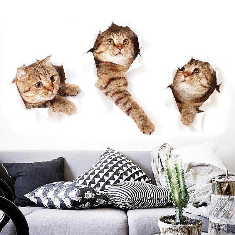 3D Three Cat Wall Sticker Hole View Bathroom Toilet Living Room Kitchen Kid Bedroom Home Decor Decal Poster Wall Stickers - intl