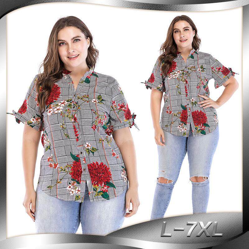 2018 Baru Ukuran Besar Mode untuk Wanita Gemuk Mm Dicetak Slim Lengan Pendek Kaos Baju Borgol 2054
