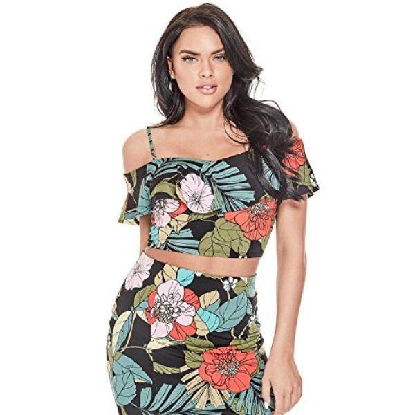 GUESS Womens Short Sleeve Greyson Ruffle Top, Jungle Palm Jet Black, S - intl