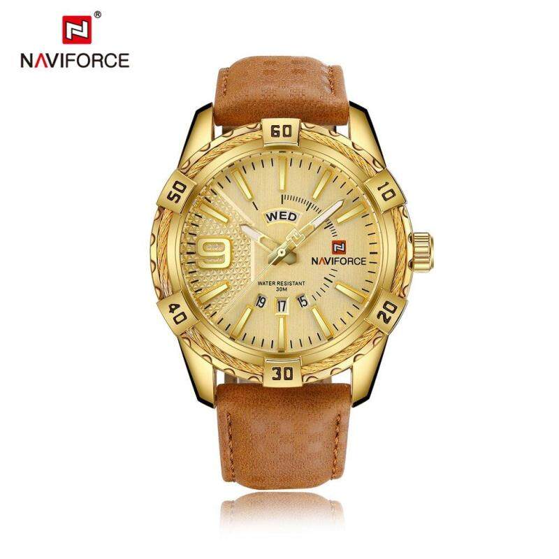 NAVIFORCE Luxury Brand Men Genuine Leather Sport Watches Casual Round Dial Watch Gold Malaysia