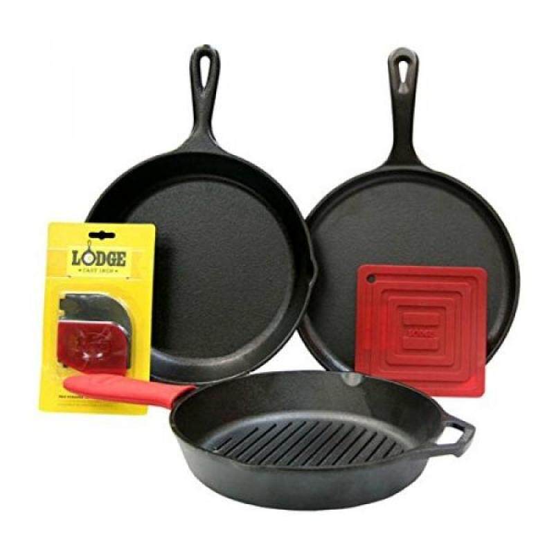 Lodge 6 Piece Seasoned Cast Iron Cookware and Accessories Set (Grill Pan Set) - Complete with Grill Pan, Skillet, Griddle, Pot Holder, Hot Handle Holder, and Pan Scrapers (Made in USA) - intl Singapore