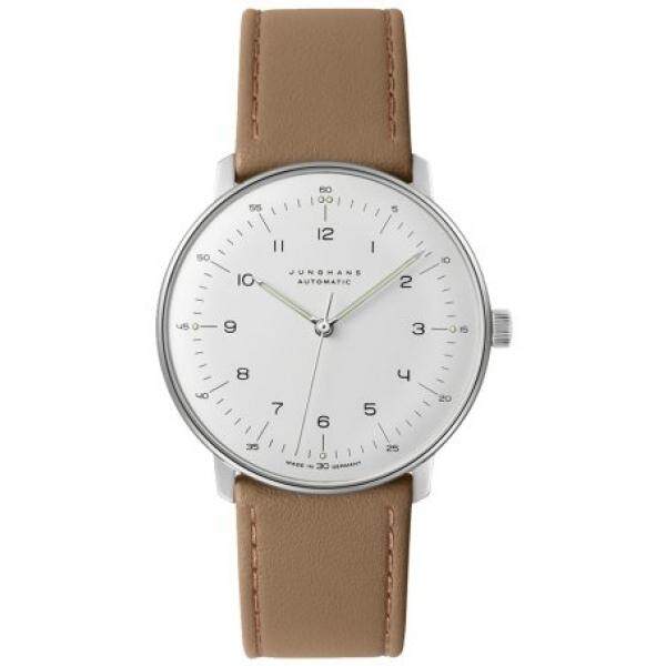 Junghans Mens Max Bill Automatic Stainless Steel and Leather Dress Watch, Color:Beige (Model: 027/3502.00)