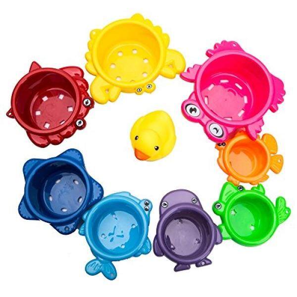 Balita Stacking Cups, Terbaik Pelangi Caterpillar 8 Pack Nesting Cups untuk Mandi, menyenangkan Mainan Pendidikan Awal untuk Anak-anak, berwarna Cerah dengan Angka Di Bawah Laut Animals Mainan Bertumpuk-tumpuk dengan Bebek Karet-Internasional