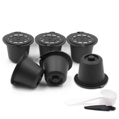 6 Reusable Nespresso Capsules Refillable Coffee Capsule Filter Compatible with Nespresso coffee machines with Coffee Spoon brush (6, Black)