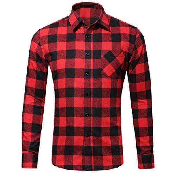 Wulful Mens แขนยาวลายสก๊อตเข้ารูปแบบปกติปุ่มเสื้อ Flannel ชุดทำงานลำลองเสื้อ - Intl