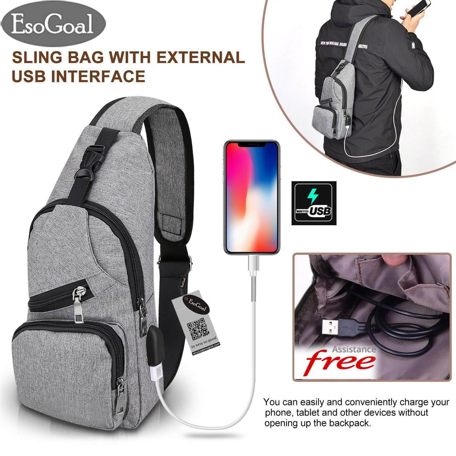 EsoGoal Canvas Chest Bags Travel Bag Sling BackPack Crossbody Bags Outdoor Sports Lightweight Back Pack with Charging Port for Men Women Boys Girls