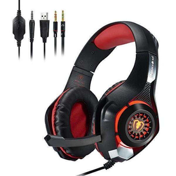 PS4 Gaming Headset, Joso 3.5mm LED Light Over-Ear Headphones with Microphone/Volume Control for iPhone SE 6 6S Plus, Samsung, PC Laptop Tablet with 2-in-1 Audio and Mic Splitter Adapter-Red - intl