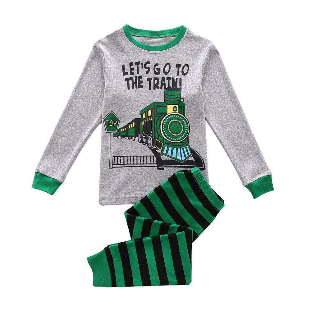 Anak-anak Bayi Laki-laki Lengan Panjang Celana Leher Bulat Set Lucu Pola Kereta Cetak Pakaian 2 Pcs Pakaian Clothesgreen Kereta 130cm7y -Internasional