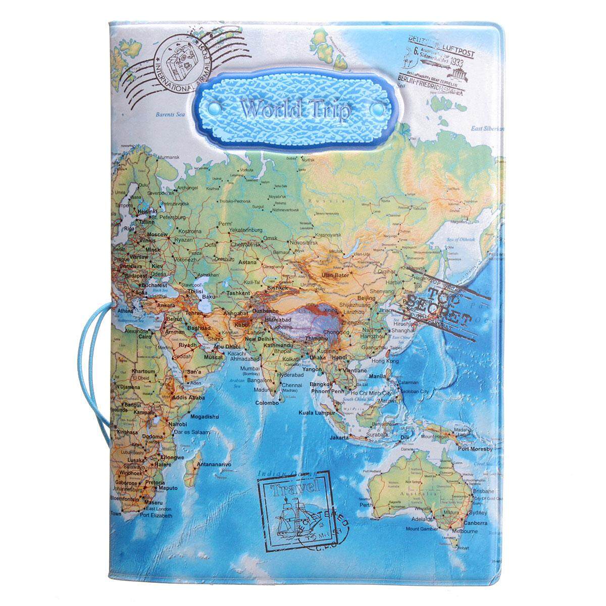 Leather World Map Passport Holder Organizer Travel Card Case Document Cover HOT Blue
