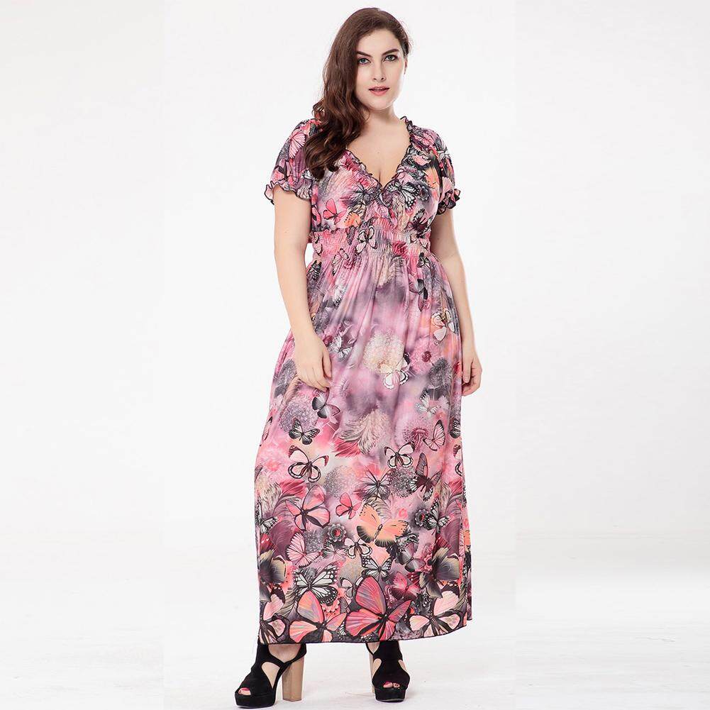 New Women Plus Size Bohemian Long Dress V Neck Short Sleeve Butterfly Casual Beach Maxi Dress Blue/Grey/Red - intl