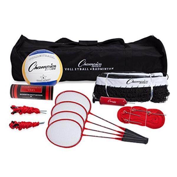ALMM Champion Sports Volleyball & Badminton Set: Net, Poles, Ball, Rackets & Shuttlecocks - Portable Equipment for Outdoor, Lawn, Beach & Tournament Games - intl