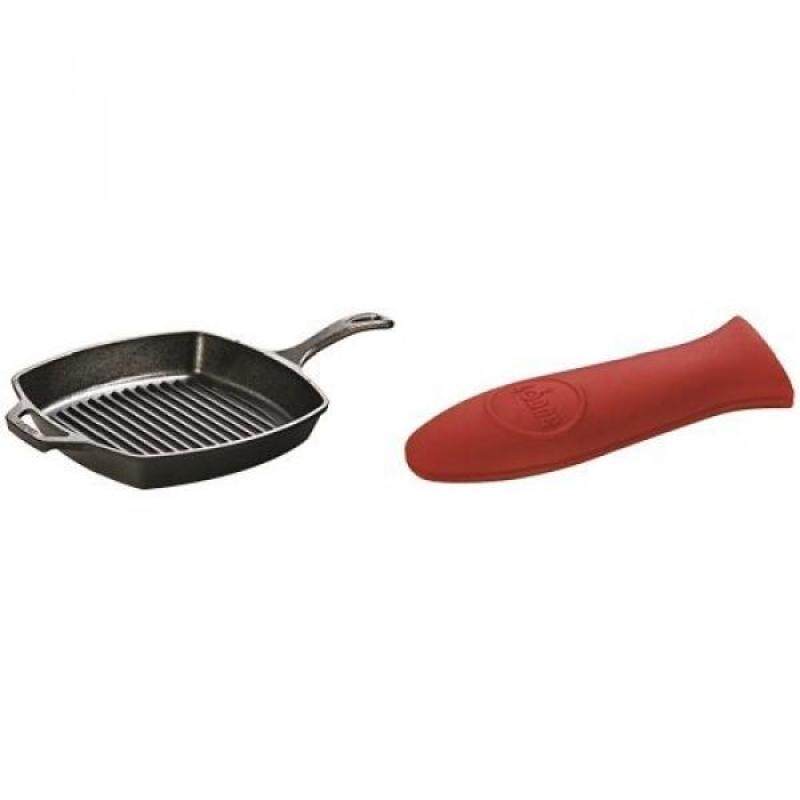 Lodge L8SGP3 Pre-Seasoned Cast-Iron Square Grill Pan, 10.5-inch and Lodge ASHH41 Silicone Hot Handle Holder, Red Bundle - intl Singapore