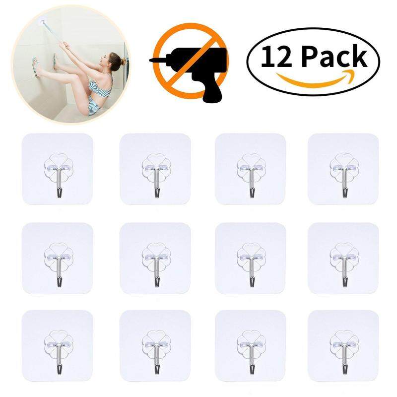 12pcs Wall Hooks Adhesive Wall Hanging Hooks Stick On Hooks Ceiling Hanger Damage Free Hanging, Reusable Waterproof OilProof Bathroom, Kitchen, Refrigerator Door, Keys, Bags,Clear