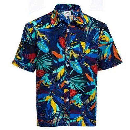 Trendi Turn Down Kerah Lengan Pendek Penuh Cetak Longgar Kemeja Pantai untuk Pria (Biru dan Merah)-Intl