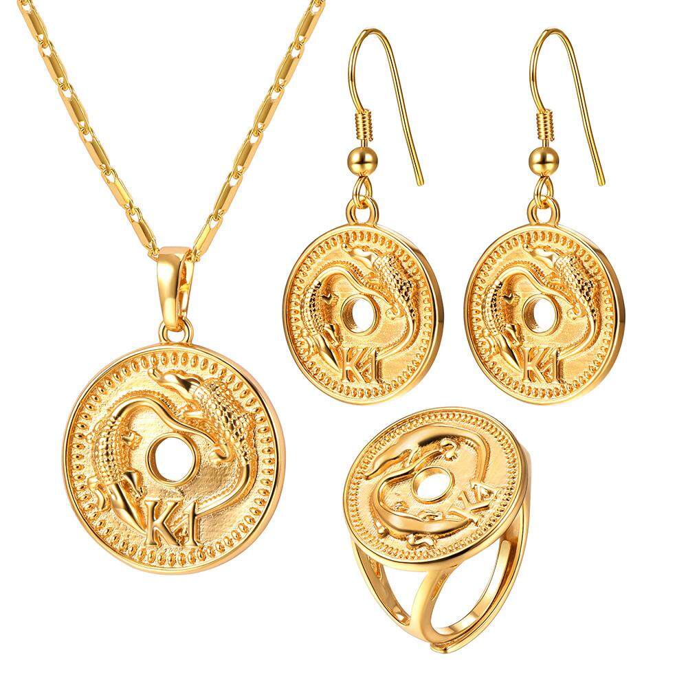 U7 K1 Lizard Kalung Earring Lingkaran Set Gold Disepuh Australia/India/Papua Nugini Hewan Perhiasan Set Aksesoris (Gold)