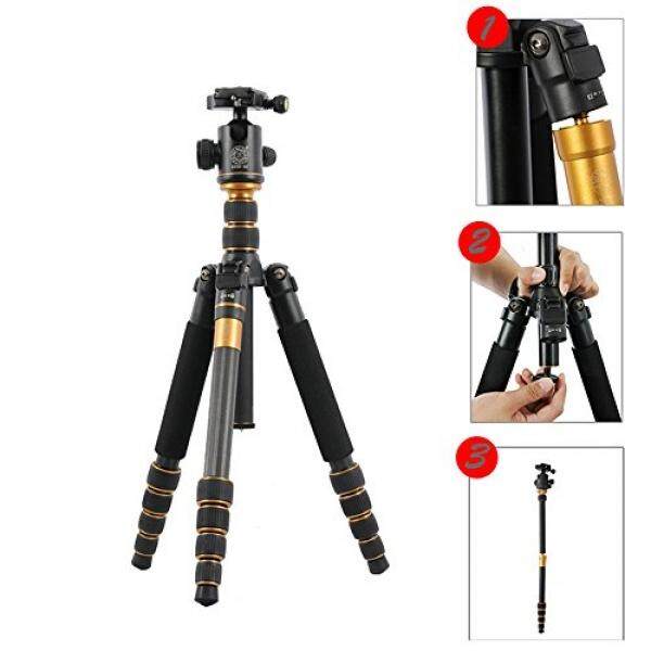 Flexzion Kamera Tripod Lengkap Berdiri Kepala Bola Monopod Q-666C Carbon Fiber Portable Perjalanan Wadah Ringkas dengan Ekstensi Kaki Perlengkapan Saku untuk Digital DSLR Canon Nikon Sony Olympus PENTAX-Intl