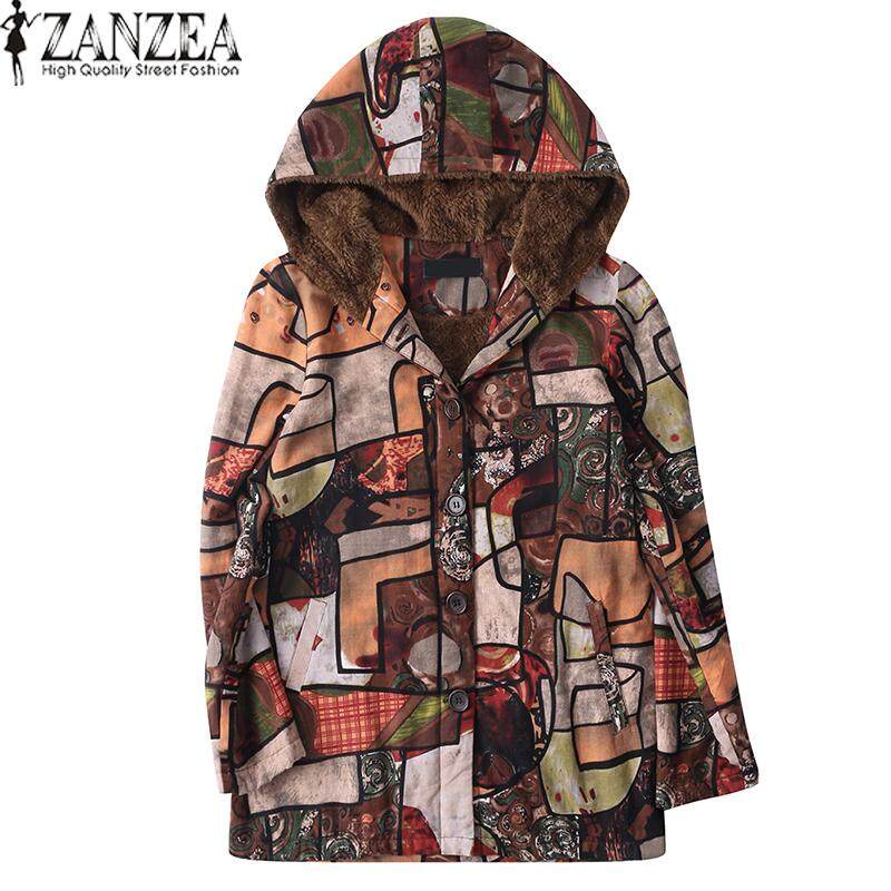 ZANZEA Women Printed Floral Vintage Hooded Outerwear Top Coat Fleece Jacket