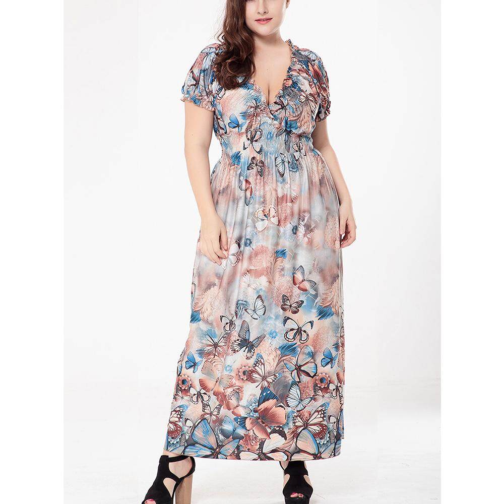 Ukuran Besar Kupu-kupu Cetak untuk Wanita Plus Ukuran Besar Vestidos V Leher Engah Lengan BoHo Pantai Gaun 2018 Pleated panjang Gaun