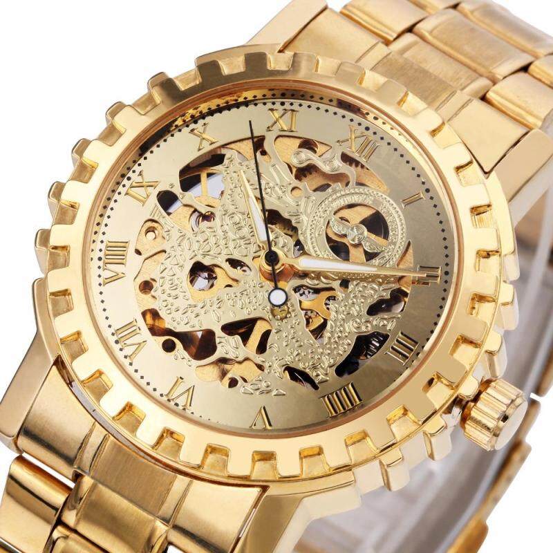 WINNER Men Luxury Automatic Mechanical Wrist Watch Stainless-steel Strap Skeleton Roman Watch 3D Gear Bezel GOLDEN & SILVER Malaysia