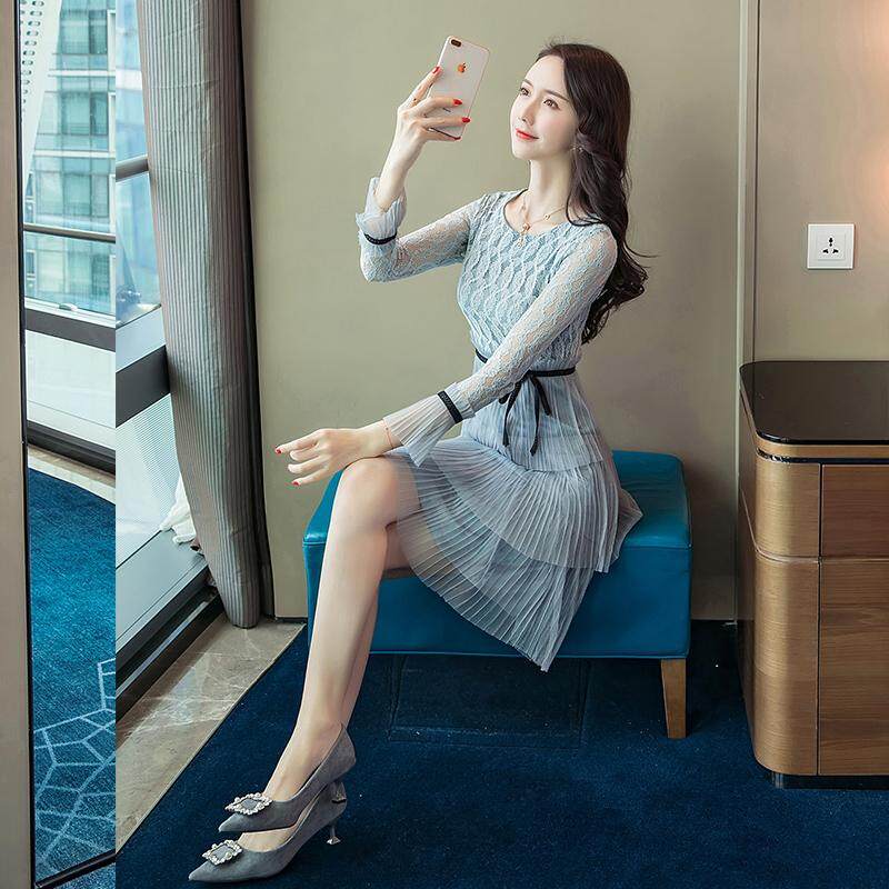 Lal FreeShipping New trumpet sleeves slim waist long lace pleated dress