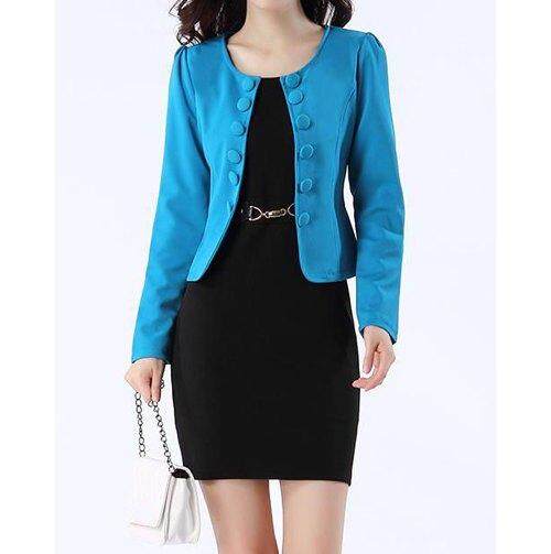 Bergaya Tanpa Lengan Warna Polos Gaun Dan Jaket Ganda Bagian Dada untuk Wanita (Biru)-Internasional