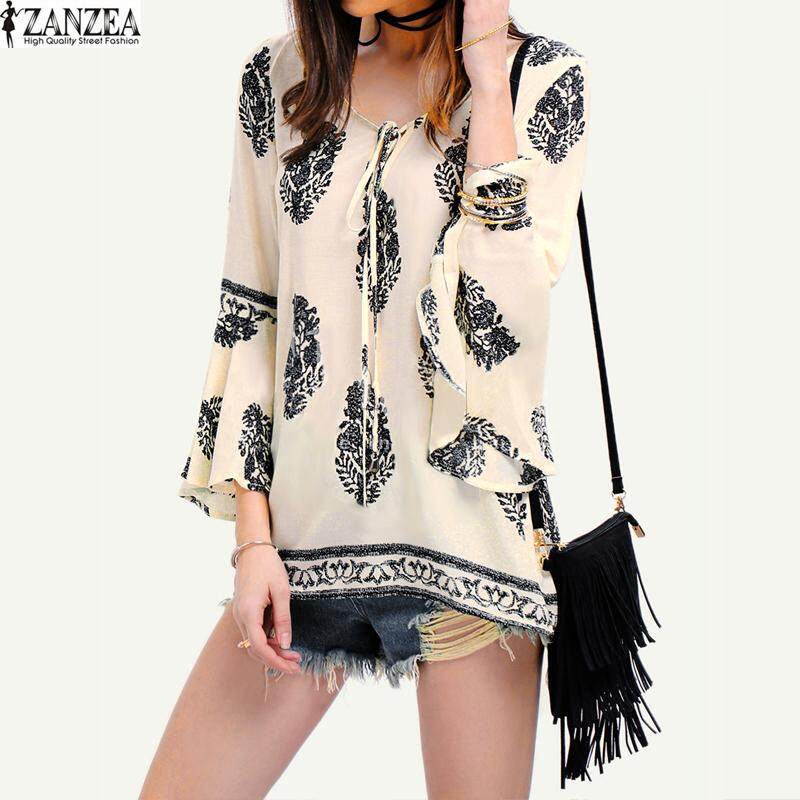 ZANZEA S-5XL Womens Ladies Floral Print V-Neck Shirt Boho Flared Flounce Sleeve Casual Loose Tops Shirts Blouse Plus Size Off White